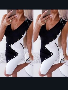 Chic Black & White Colorblock Gold Button Military-Style Dress